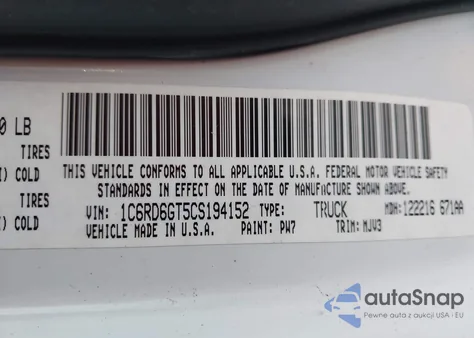 2012 Ram 1500 Slt z USA, uszkodzony, nr VIN 1C6RD6GT5CS194152